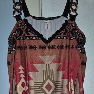 Chicyea Cold Shoulder Boho Top Red w/Multicolored Designs Women's Size XL NWOT